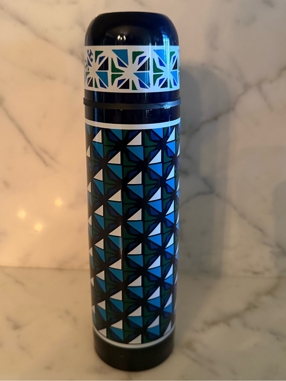 Tory Burch Black, Blue & Green Geometric Insulated Thermos Bottle